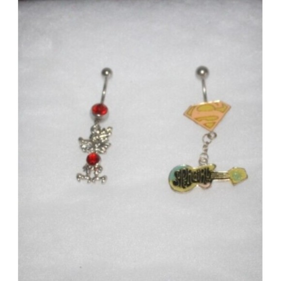 Dragon & Super Girl Belly Rings Set (2) Stainless Steel Red Pink Guitar NWT - Picture 3 of 3